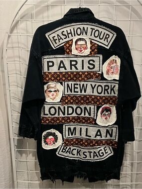 Upcycled black distressed denim Jacket with LV background and fashion houses.